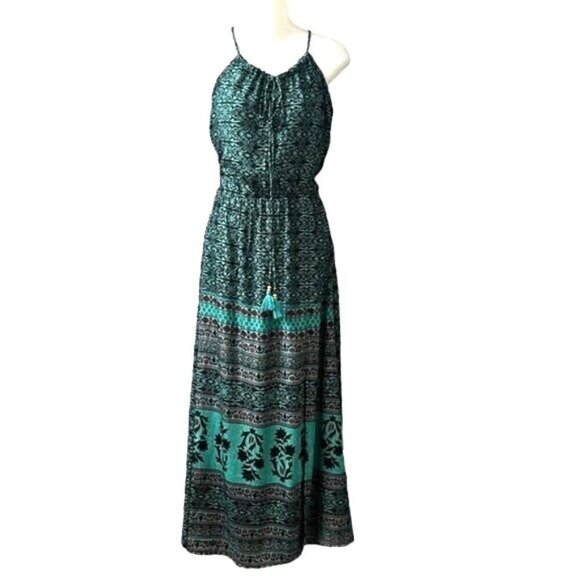 NWT Earthbound Womens Green & Purple Boho Printed Halter VCut Maxi Dress Medium - Picture 1 of 11